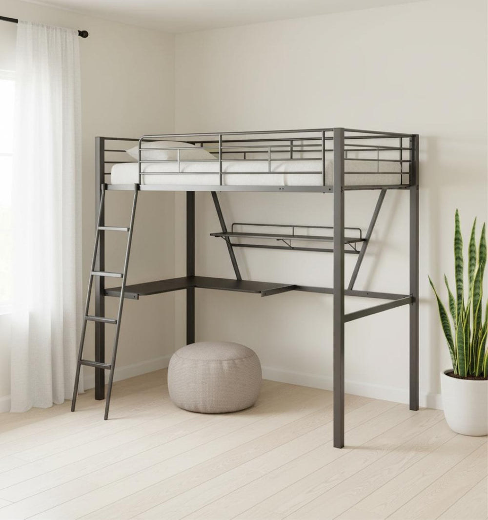 HomeRoots 79" Stylish Silver and Black Metal Tube Loft Bed with Desk for Space-Saving Teen Retreat 285607