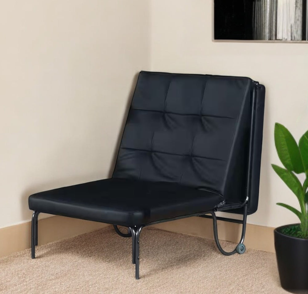 Homeroots 75" Black Faux Leather Tufted Convertible Chair   285608