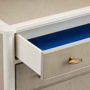 Aster Three-Drawer Chest in Off-White & Fog with Polished Brass Pulls | Elegant Winterthur Design
