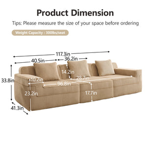 English Elm Modular 3-Seat Boneless Sofa - Cloud-Like Comfort In Soft Camel Corduroy With Throw Pillows & Style W3041S00317