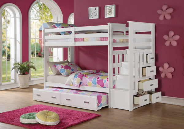 Homeroots 97" X 43" X 68" Twin Over Twin White Storage Ladder And Trundle  Bunk Bed  Wood 285615
