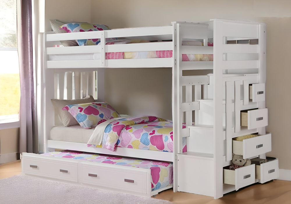 Homeroots 97" X 43" X 68" Twin Over Twin White Storage Ladder And Trundle  Bunk Bed  Wood 285615