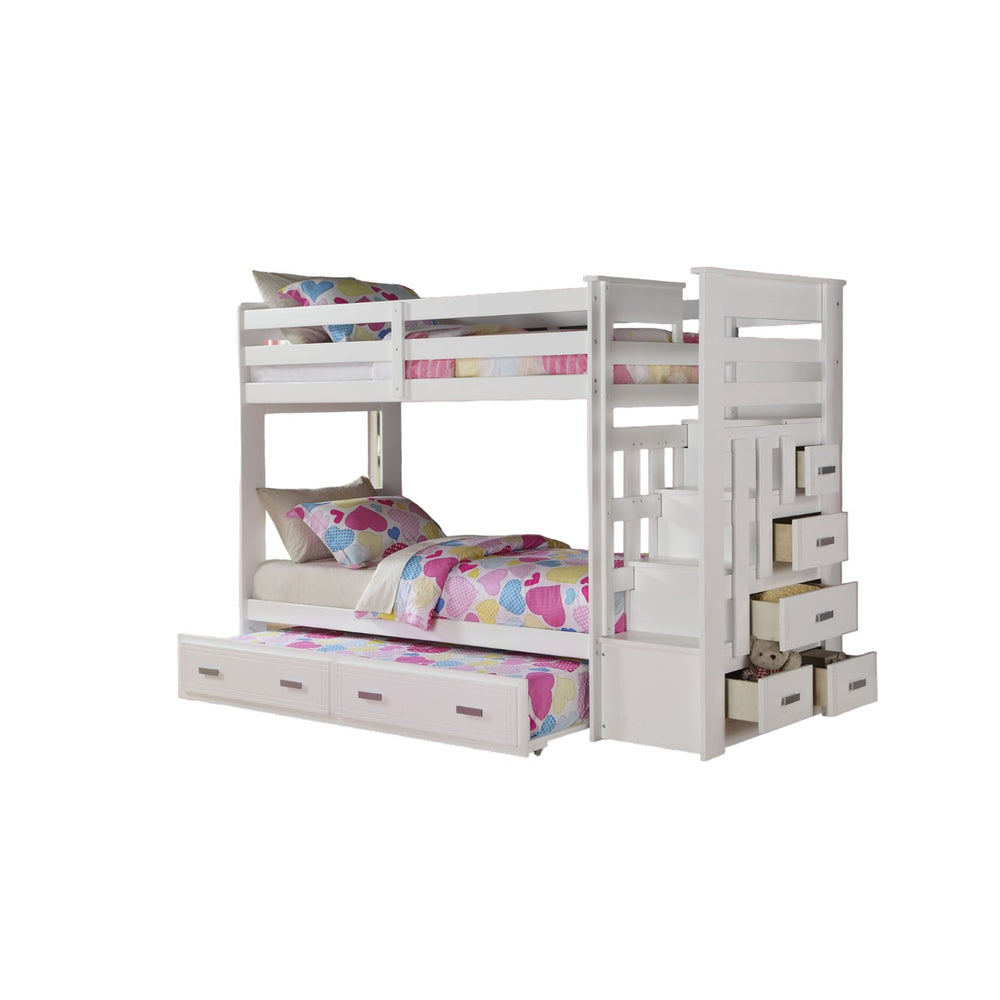 Homeroots 97" X 43" X 68" Twin Over Twin White Storage Ladder And Trundle  Bunk Bed  Wood 285615