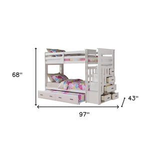 Homeroots 97" X 43" X 68" Twin Over Twin White Storage Ladder And Trundle  Bunk Bed  Wood 285615