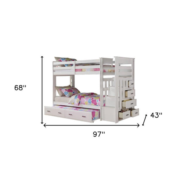 Homeroots 97" X 43" X 68" Twin Over Twin White Storage Ladder And Trundle  Bunk Bed  Wood 285615