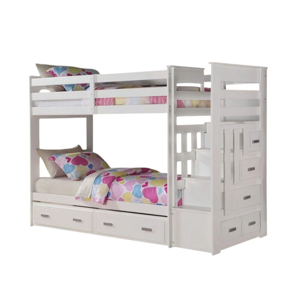 HomeRoots 97" Twin Over Twin White Bunk Bed with Storage Ladder & Trundle - Space-Saving Design for Kids Rooms 285615