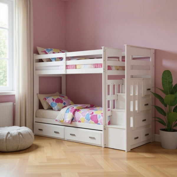 HomeRoots 97" Twin Over Twin White Bunk Bed with Storage Ladder & Trundle - Space-Saving Design for Kids Rooms 285615