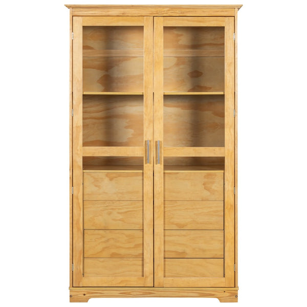 English Elm Topmax Solid Pine Pantry Cabinet with Glass Doors Four Drawers Farmhouse Storage Natural SP000086AAA