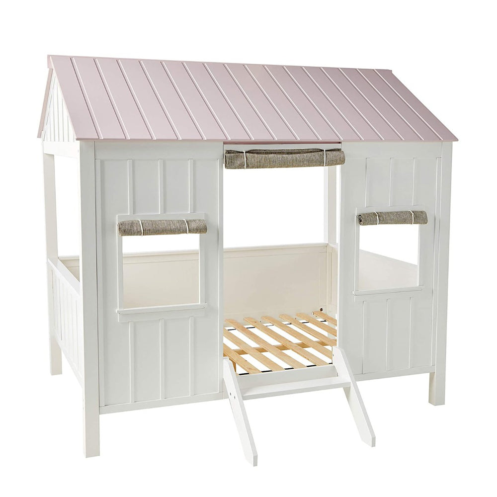HomeRoots White Solid Wood Full House Bed - Stylish, Durable Design for Cozy Bedrooms with Integrated Headboard White And Pink 285632