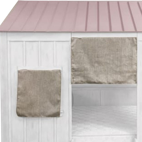 HomeRoots White Solid Wood Full House Bed - Stylish, Durable Design for Cozy Bedrooms with Integrated Headboard White And Pink 285632