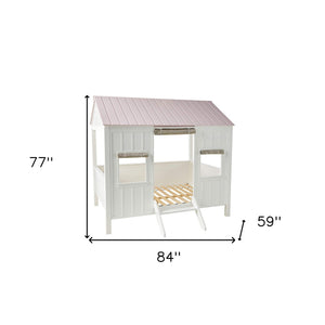 HomeRoots White Solid Wood Full House Bed - Stylish, Durable Design for Cozy Bedrooms with Integrated Headboard White And Pink 285632