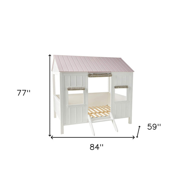 HomeRoots White Solid Wood Full House Bed - Stylish, Durable Design for Cozy Bedrooms with Integrated Headboard White And Pink 285632