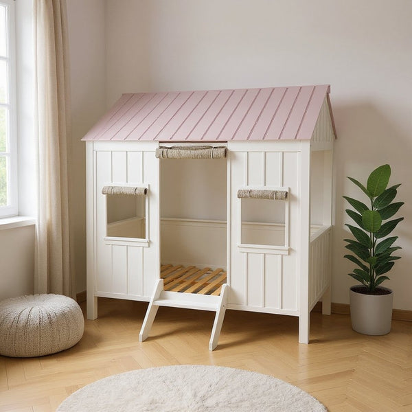 HomeRoots White Solid Wood Full House Bed - Stylish, Durable Design for Cozy Bedrooms with Integrated Headboard White And Pink 285632
