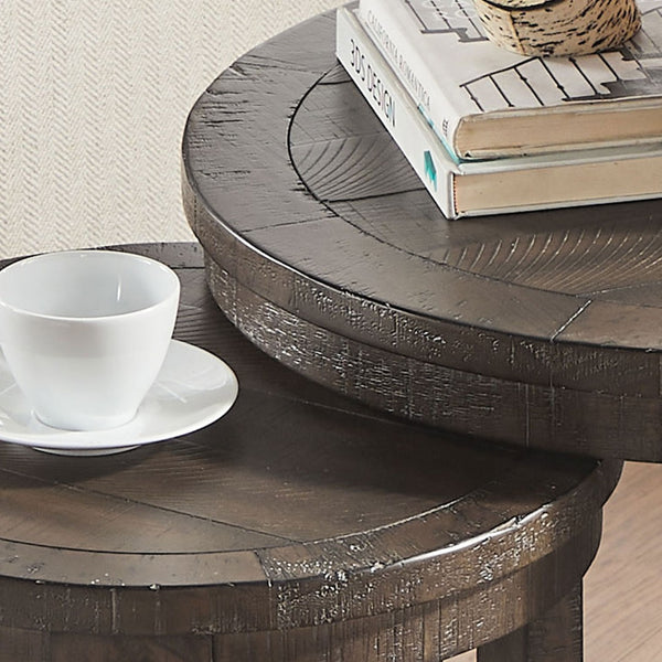English Elm (1 Coffee Table+1 Side Table) Two-piece Pine Wood Round Set with Wheels Rustic Living Room Dark Brown W2582S00194