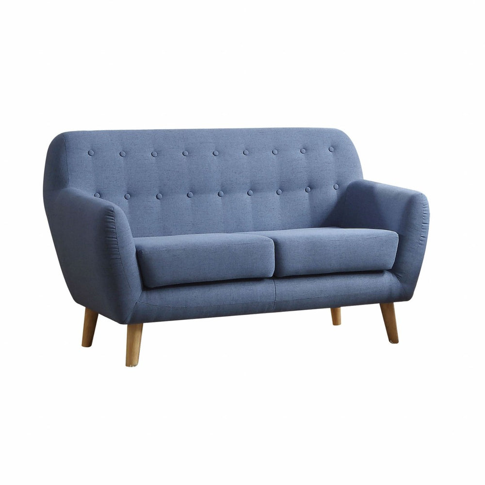 HomeRoots 57" Blue Linen Loveseat - Mid-Century Modern Design with Tufted Back and Stylish Tapered Legs 285659