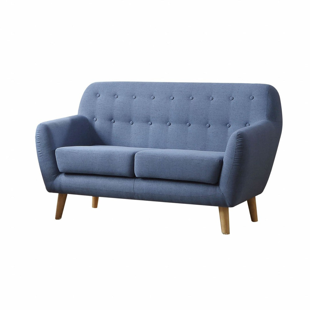 HomeRoots 57" Blue Linen Loveseat - Mid-Century Modern Design with Tufted Back and Stylish Tapered Legs 285659