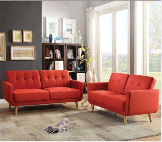 Homeroots 74" Red Linen Sofa With Wood Brown Legs   285661
