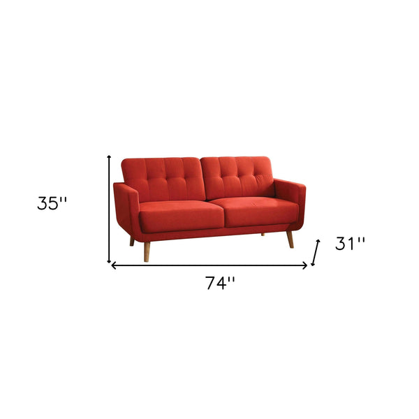 Homeroots 74" Red Linen Sofa With Wood Brown Legs   285661