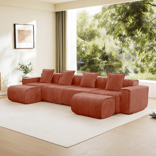 English Elm Streamlined Modular U-shape Sectional Velvet Sofa with Cloud Comfort and Movable Ottomans Red W3041S00363