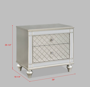 English Elm 1pc Glam Nightstand 2-Drawer Silver Champagne Mirror Accents Crosshatch Drawer Fronts 28x18.3x26.5" B2741P367217