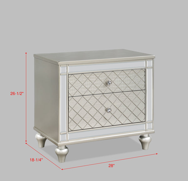 English Elm 1pc Glam Nightstand 2-Drawer Silver Champagne Mirror Accents Crosshatch Drawer Fronts 28x18.3x26.5" B2741P367217