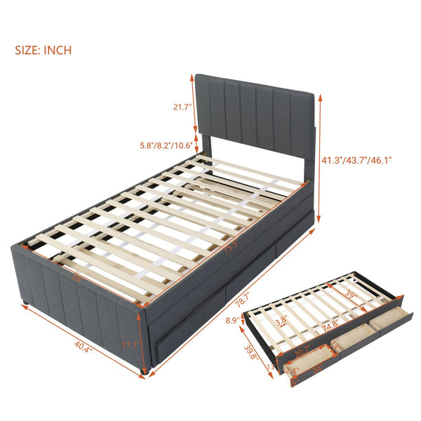 English Elm Twin Upholstered Platform Bed with Trundle & 3 Drawers, Linen Upholstery, Sturdy Wood Frame, Space-Saving Design Gray SF000049AAE