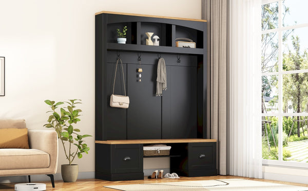 English Elm On-Trend Farmhouse 4-In-1 Hall Tree With Bench, Hooks & Shelves - Rustic Storage For Entryway Spaces N721S000038B-GIGA