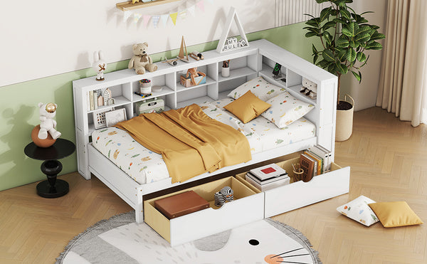 English Elm Wooden Twin Daybed with 2 Drawers, Built-In USB Charging & Double Shelf Storage, Pine Frame Durable White 42.91 L x 16.73 W x 6.69 H N733S170510K