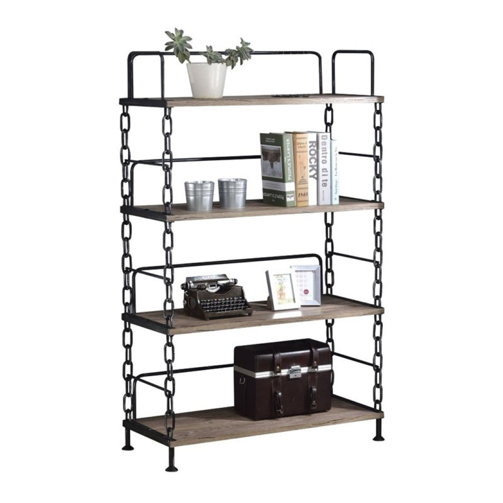 HomeRoots 59" Rustic Oak Four-Tier Etagere Bookcase with Metal Frame – Stylish Storage for Books & Décor 285763