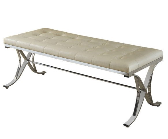 Homeroots 48" Beige And Silver Upholstered Faux Leather Bench  Metal 285793