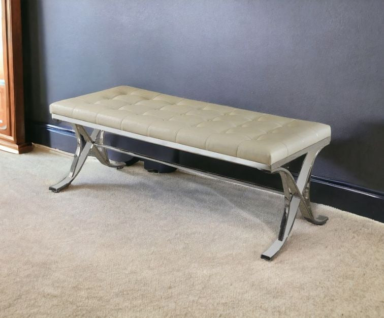 Homeroots 48" Beige And Silver Upholstered Faux Leather Bench  Metal 285793