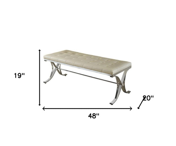 Homeroots 48" Beige And Silver Upholstered Faux Leather Bench  Metal 285793
