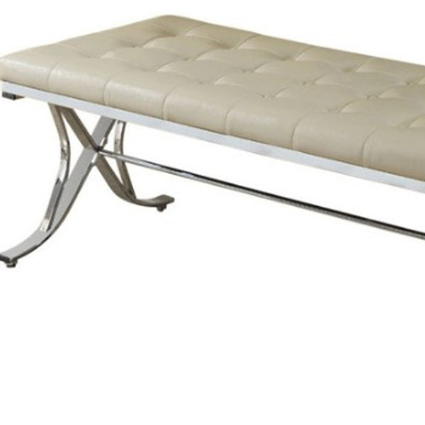 Homeroots 48" Beige And Silver Upholstered Faux Leather Bench  Metal 285793