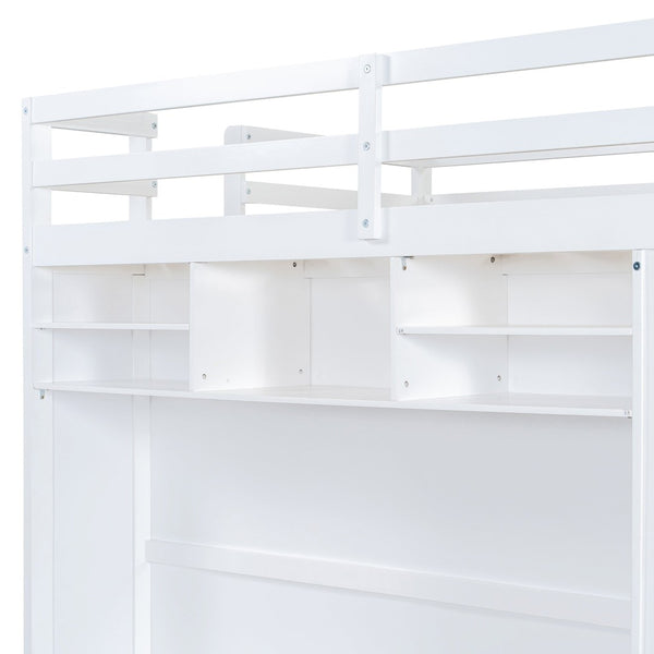 English Elm Full Size Loft Bed with Led Lighting Wardrobe Drawers and Shelves for Teen Rooms White LT000499AAK