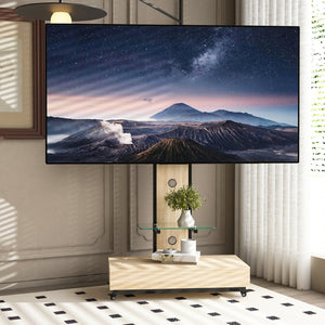 English Elm Tv Rolling Cart with Swivel Mount Lockable Wheels Pull Out Drawer Iron Frame Natural W241P246881
