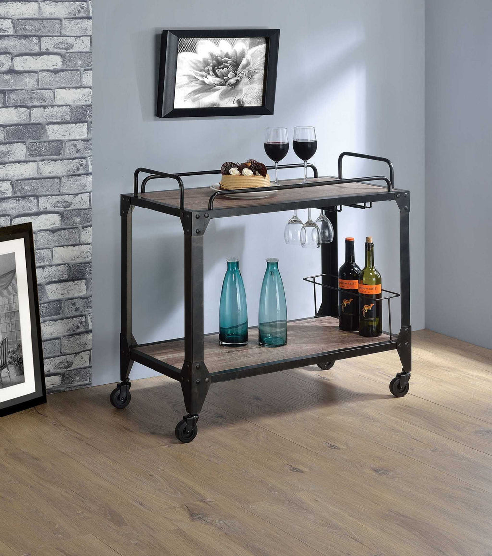 Homeroots 32" X 16" X 31" Rustic Oak And Black Serving Cart  Particleboard 285818