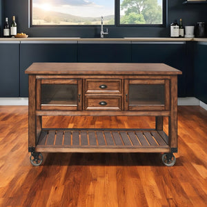 HomeRoots 58" Rustic Brown Rolling Kitchen Cart - Stylish Prep Station with Storage, Mobility & Farmhouse Charm 285819