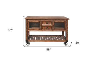 HomeRoots 58" Rustic Brown Rolling Kitchen Cart - Stylish Prep Station with Storage, Mobility & Farmhouse Charm 285819