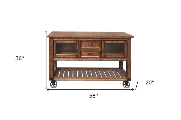 HomeRoots 58" Rustic Brown Rolling Kitchen Cart - Stylish Prep Station with Storage, Mobility & Farmhouse Charm 285819