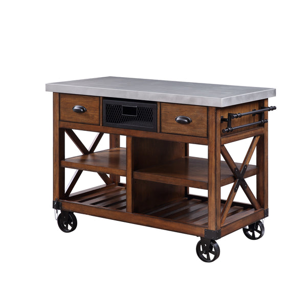 Homeroots Brown And Silver 48" Rolling Kitchen Cart With Storage  Wood 285820