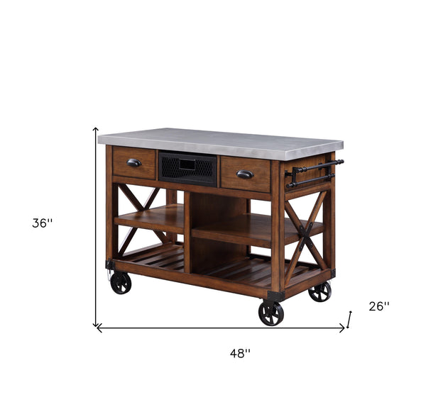 Homeroots Brown And Silver 48" Rolling Kitchen Cart With Storage  Wood 285820
