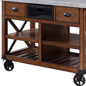 Homeroots Brown And Silver 48" Rolling Kitchen Cart With Storage  Wood 285820