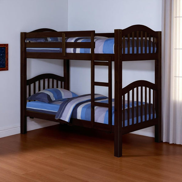HomeRoots Espresso Twin Over Twin Bunk Bed - Stylish Space-Saving Solution with Guardrails for Safety & Comfort 285837