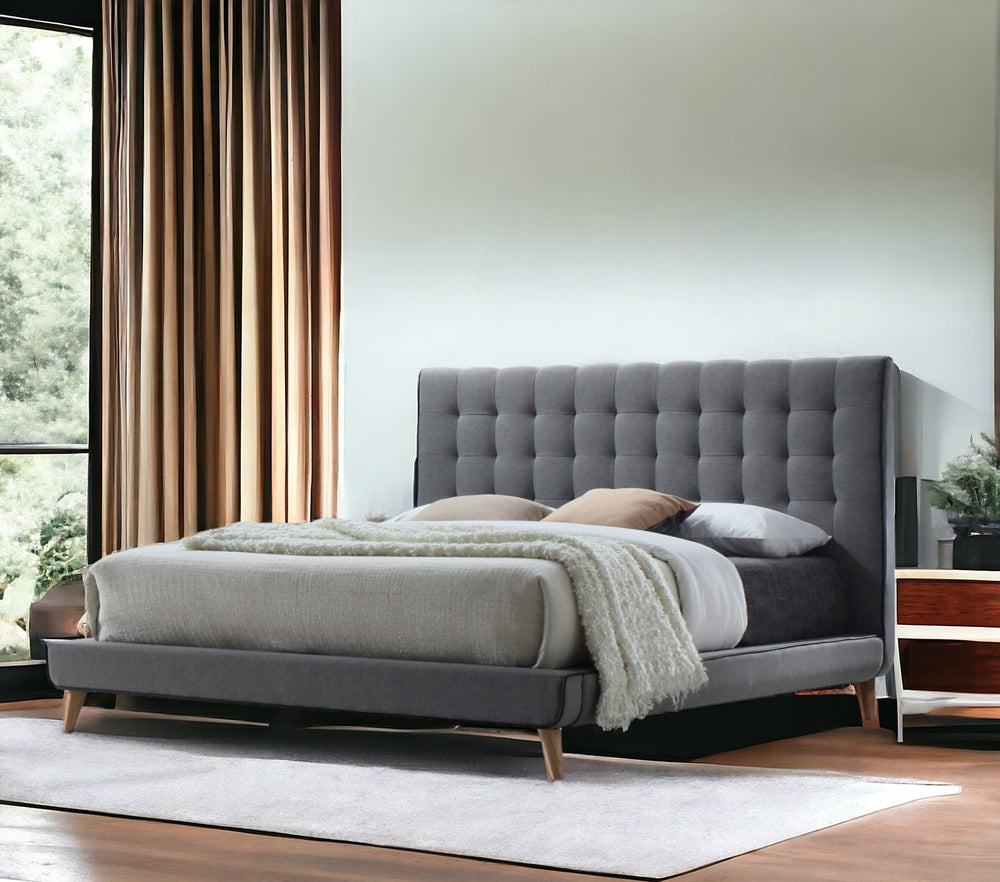 Homeroots Light Gray Queen Tufted Upholstered Linen Bed Frame  Wood,Linen Fabric 285879