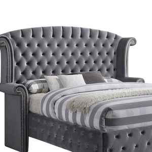 Homeroots Gray Wood And Tufted Velvet Queen Bed Frame With Nailhead Trim  Manufactured Wood 285901