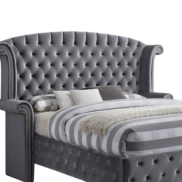 Homeroots Gray Wood And Tufted Velvet Queen Bed Frame With Nailhead Trim  Manufactured Wood 285901