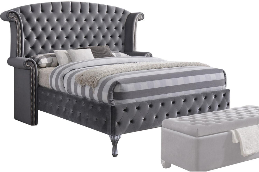 Homeroots Gray Wood And Tufted Velvet Queen Bed Frame With Nailhead Trim  Manufactured Wood 285901