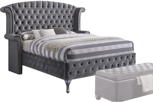 Homeroots Gray Wood And Tufted Velvet Queen Bed Frame With Nailhead Trim  Manufactured Wood 285901