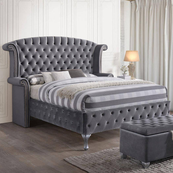 Homeroots Gray Wood And Tufted Velvet Queen Bed Frame With Nailhead Trim  Manufactured Wood 285901