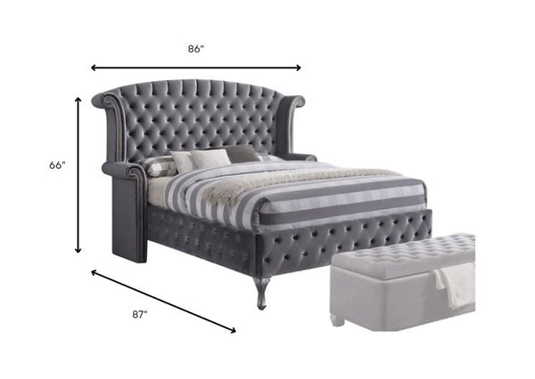 Homeroots Gray Wood And Tufted Velvet Queen Bed Frame With Nailhead Trim  Manufactured Wood 285901